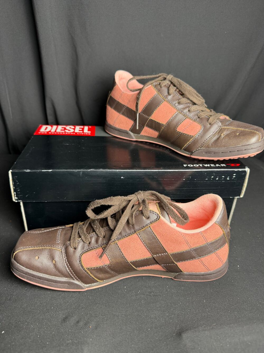 Vintage Y2K Diesel Brown Pink Leather Suede Sneakers Size 10 NIB